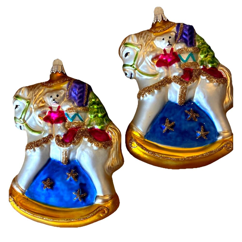 2 Glass Blown Rocking Horse Christmas Ornament Krebs Germany Teddy Bear Presents